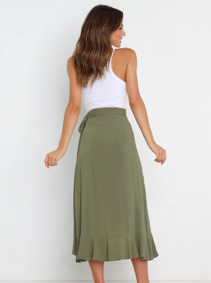 Asymmetrical Tie-Waist Ruffle Olive Green Long Skirt