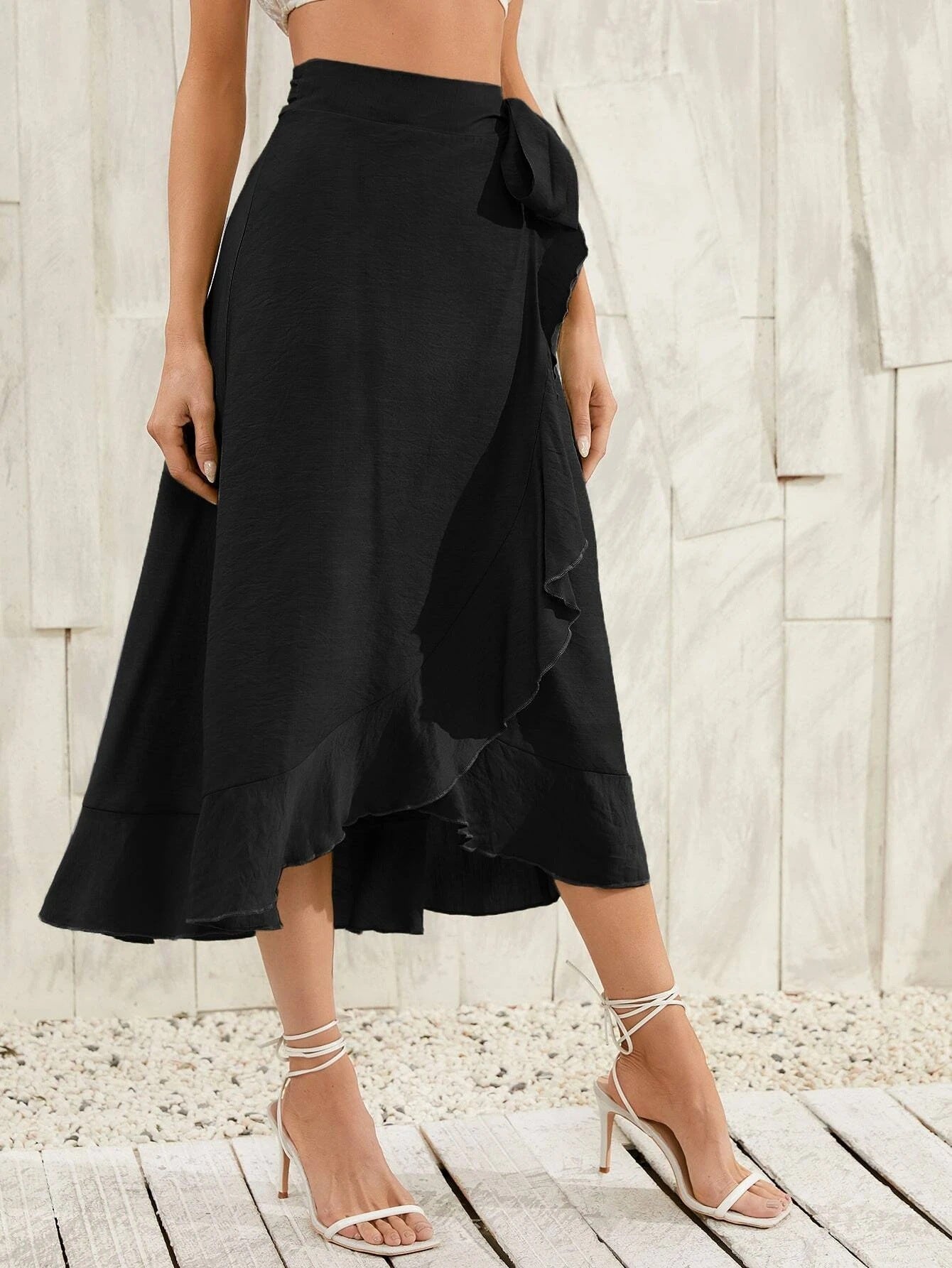 Asymmetrical Tie-Waist Ruffle Black Long Skirt