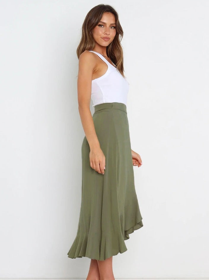 Asymmetrical Tie-Waist Ruffle Olive Green Long Skirt