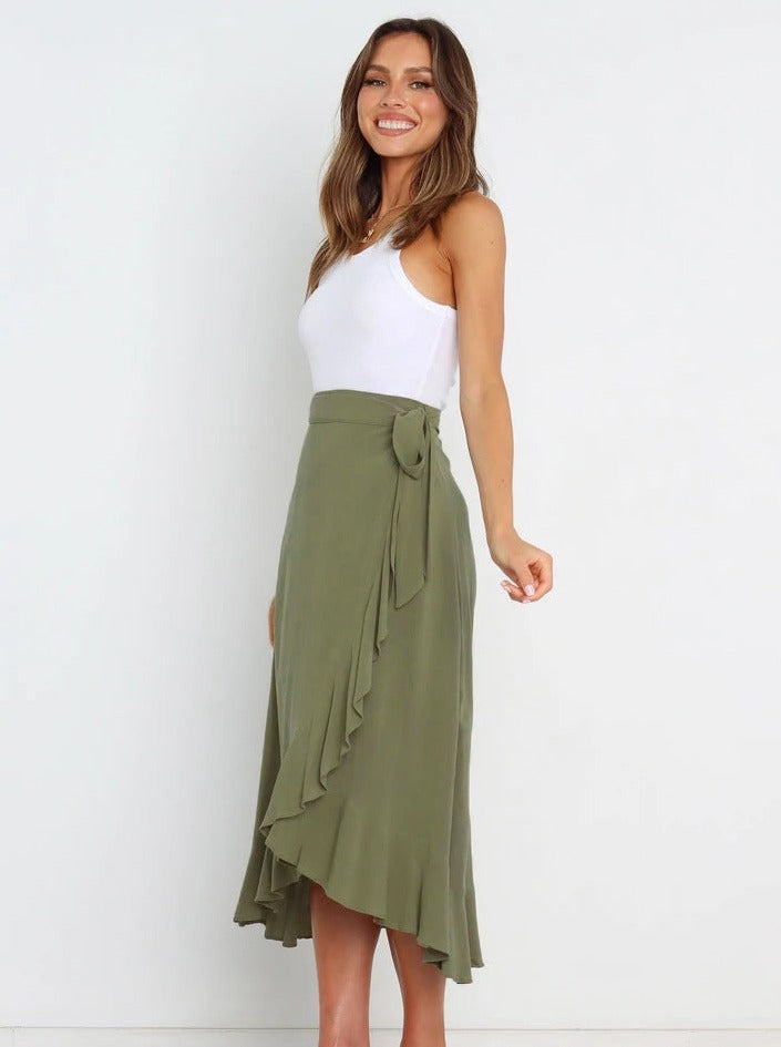 Asymmetrical Tie-Waist Ruffle Olive Green Long Skirt
