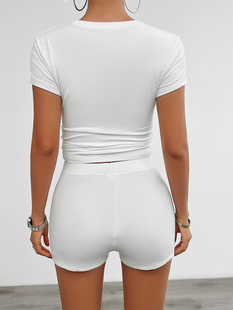 White Casual Fitted Shirt and Short Set