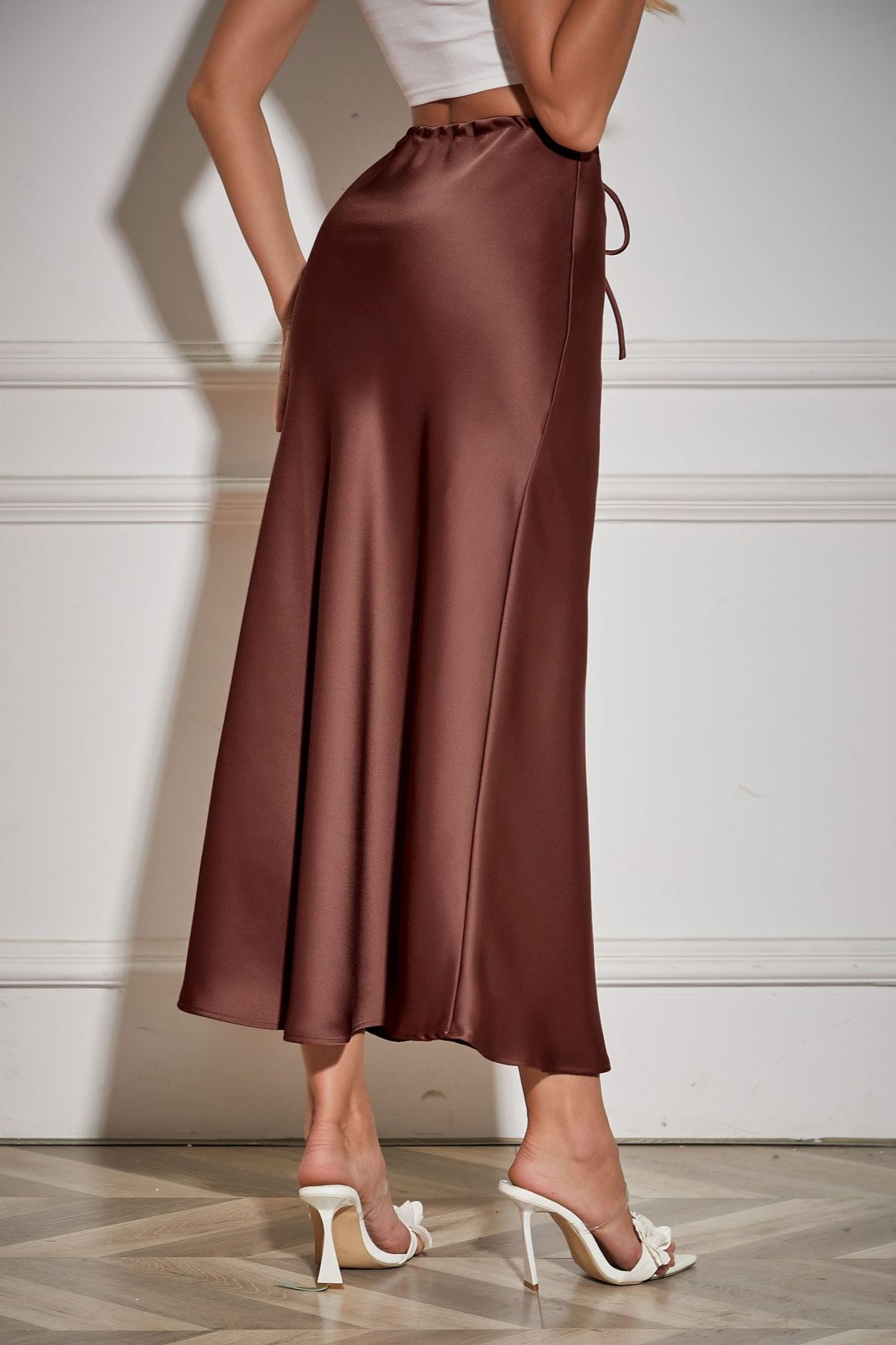 Elegant Mocha Tie Waist Maxi Skirt