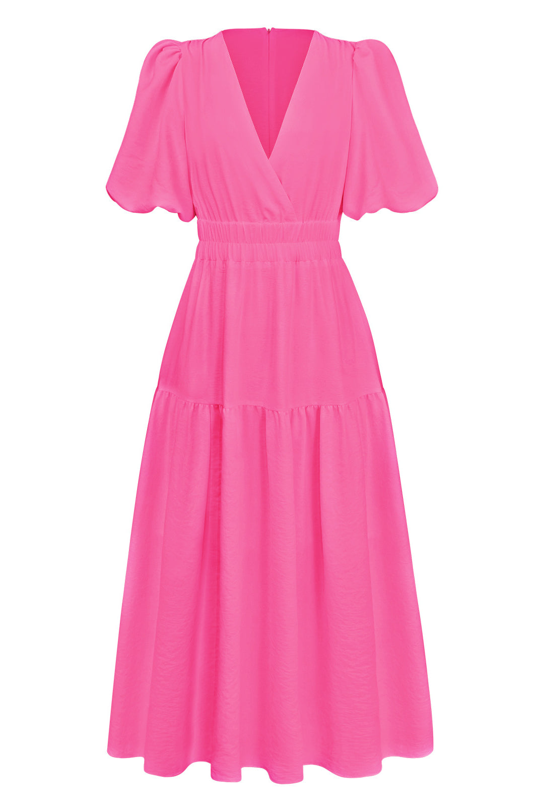 Pink Deep V-Neck Puff Sleeve Layered Dress