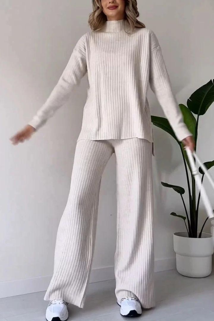 Ensemble 2 pièces décontracté en tricot côtelé à manches longues et pantalon