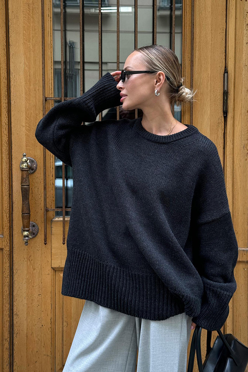 Women's Oversized Charcoal Knit Round Neck Sweater