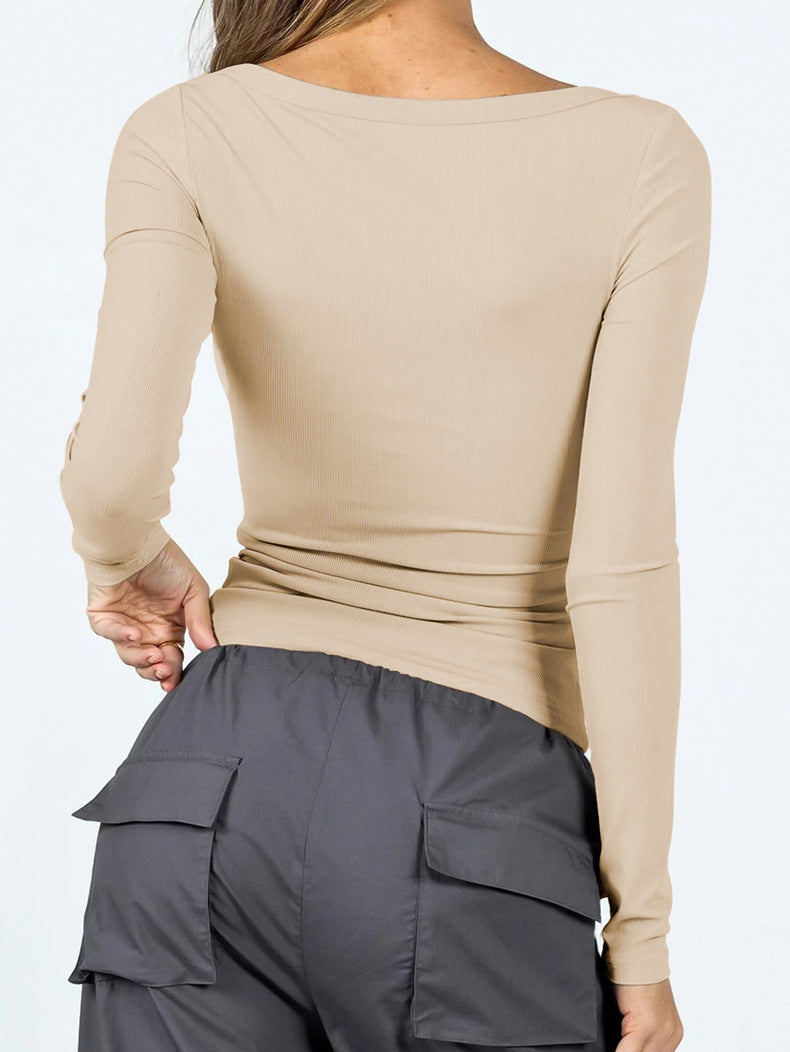 Beige Scoop Neck Y2K Long Sleeve Shirt