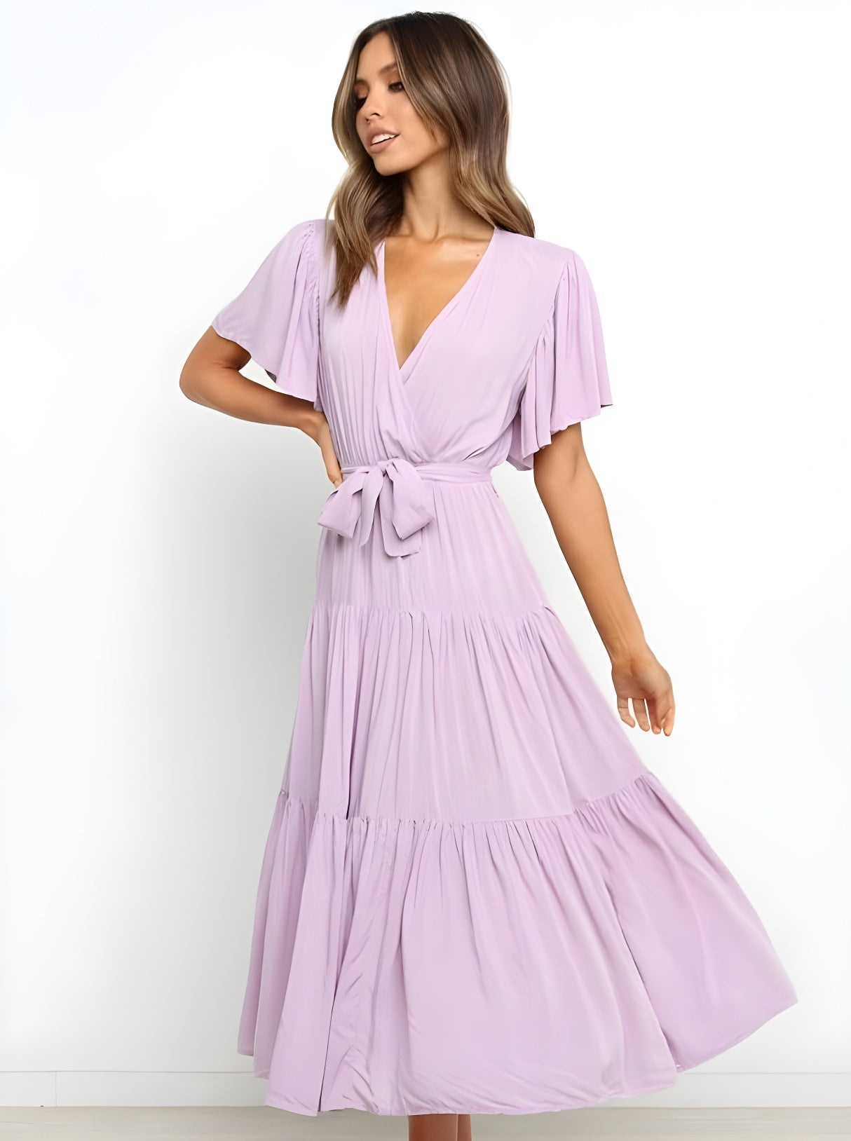 Robe élégante à volants et taille nouée de couleur unie 