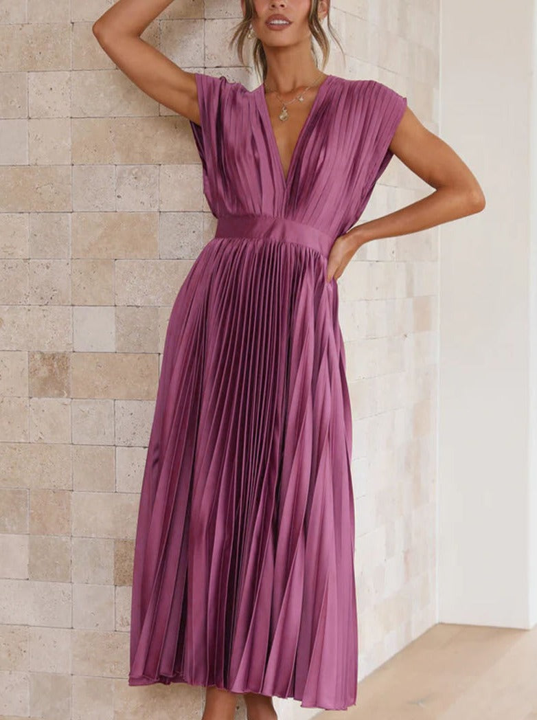 Robe plissée décontractée violette à col en V 