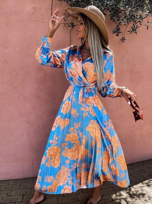 Robe longue à manches longues avec ceinture nouée et imprimé floral 