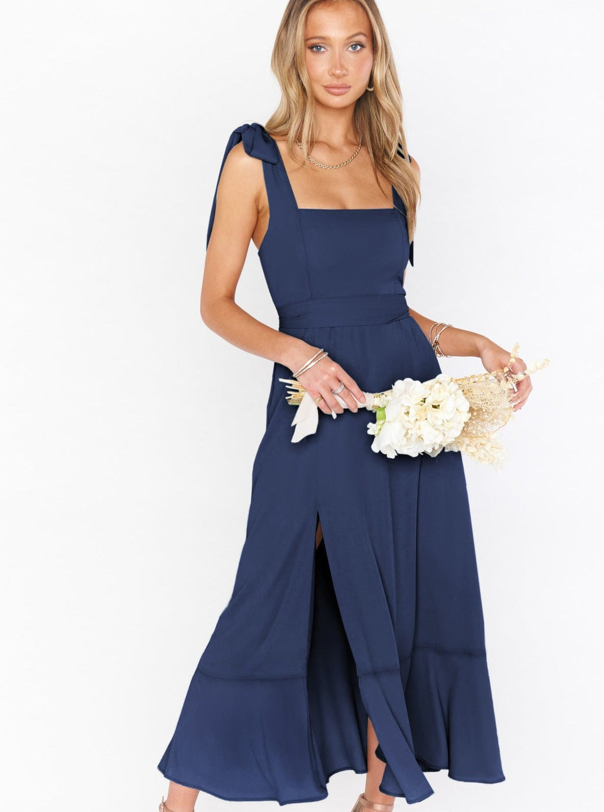 Sommerkleider Midi Schleife Elegant Leinen Maxi mit Schlitz