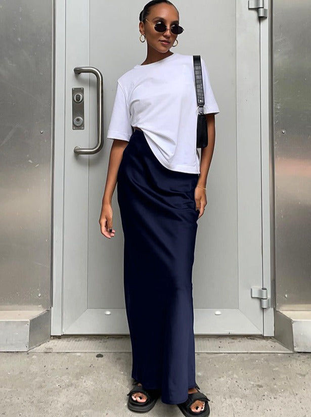 Elegant Plain Colored Satin Maxi Skirt