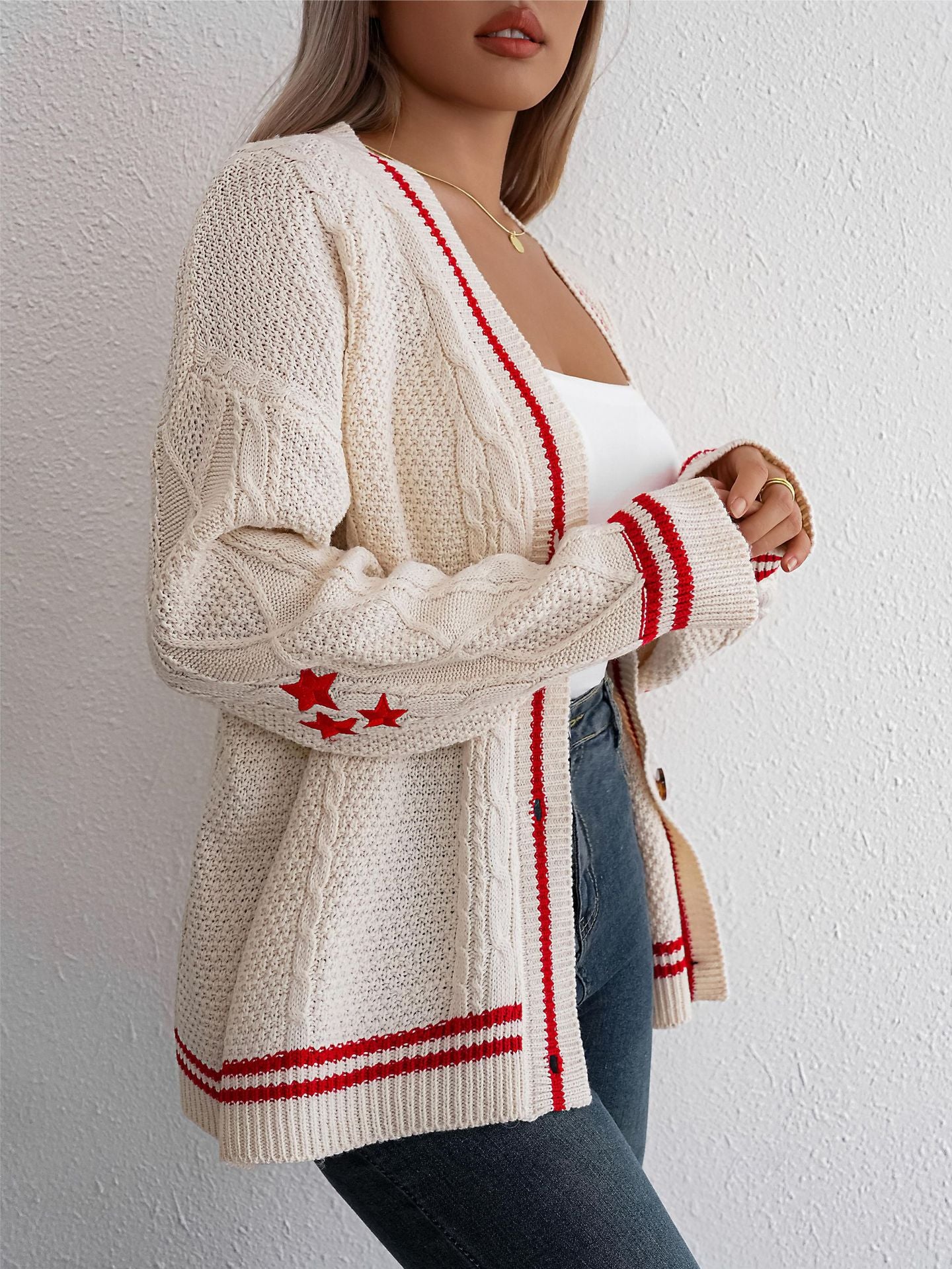 Damen Strickjacke Zopfstrick - Cardigan mit Knöpfen und Kontraststreifen