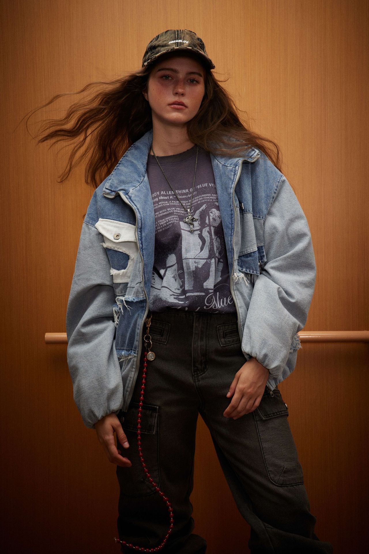 Veste en jean délavé à effet patchwork tendance