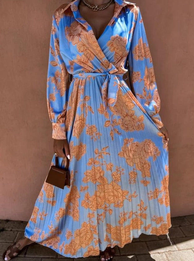 Robe longue à manches longues avec ceinture nouée et imprimé floral 