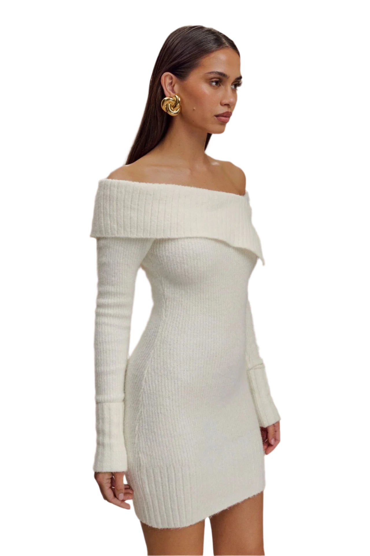 Women's Classic White Off-Shoulder Ribbed Knit Dress