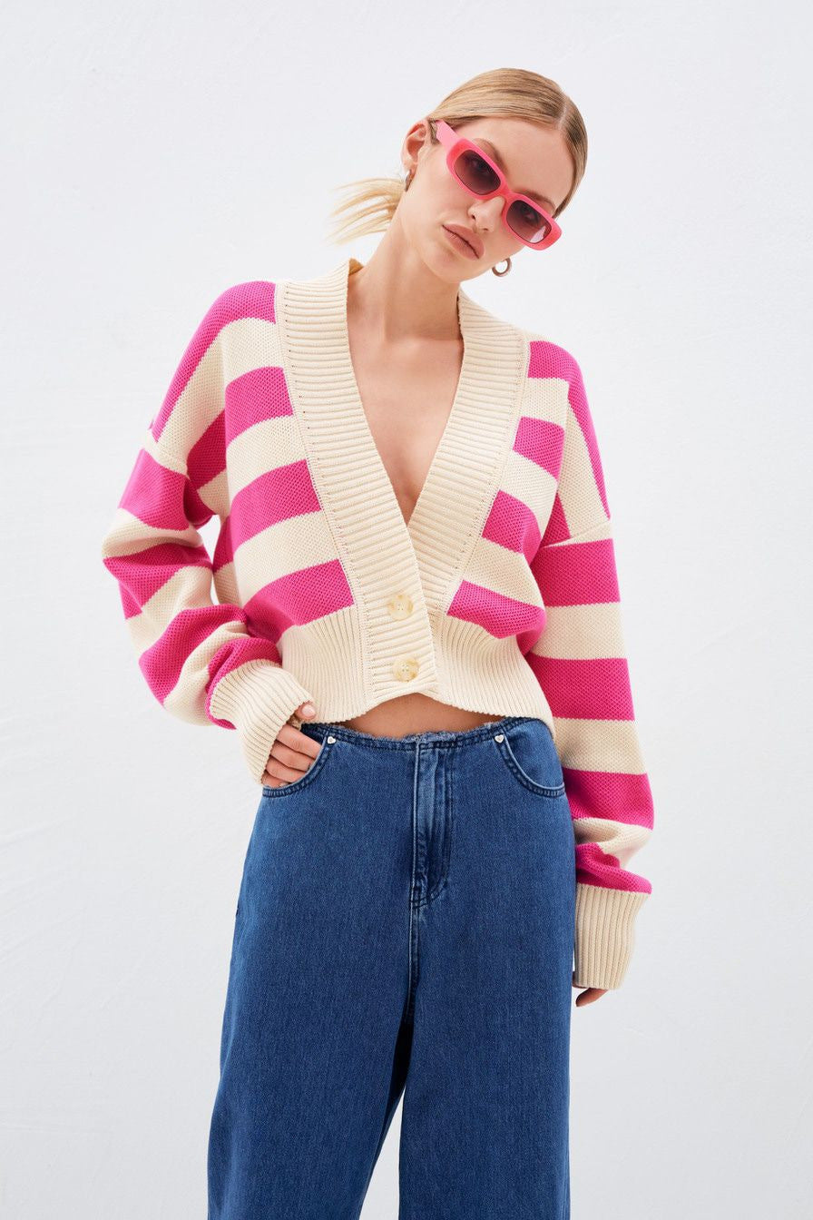 Red Deep V-Neck Striped Knitted Sweater