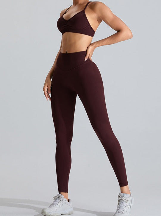 Pantalon de sport taille haute rouge foncé rehaussant le ventre 