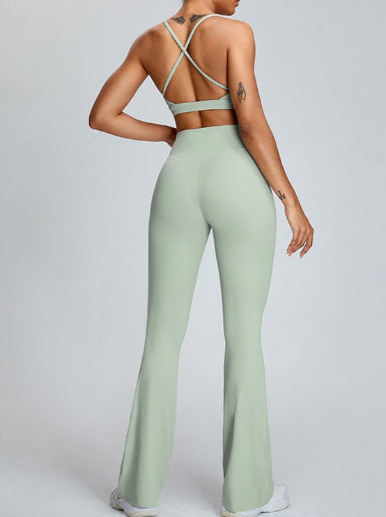 Pantalon de yoga taille haute vert micro-large avec contrôle du ventre 