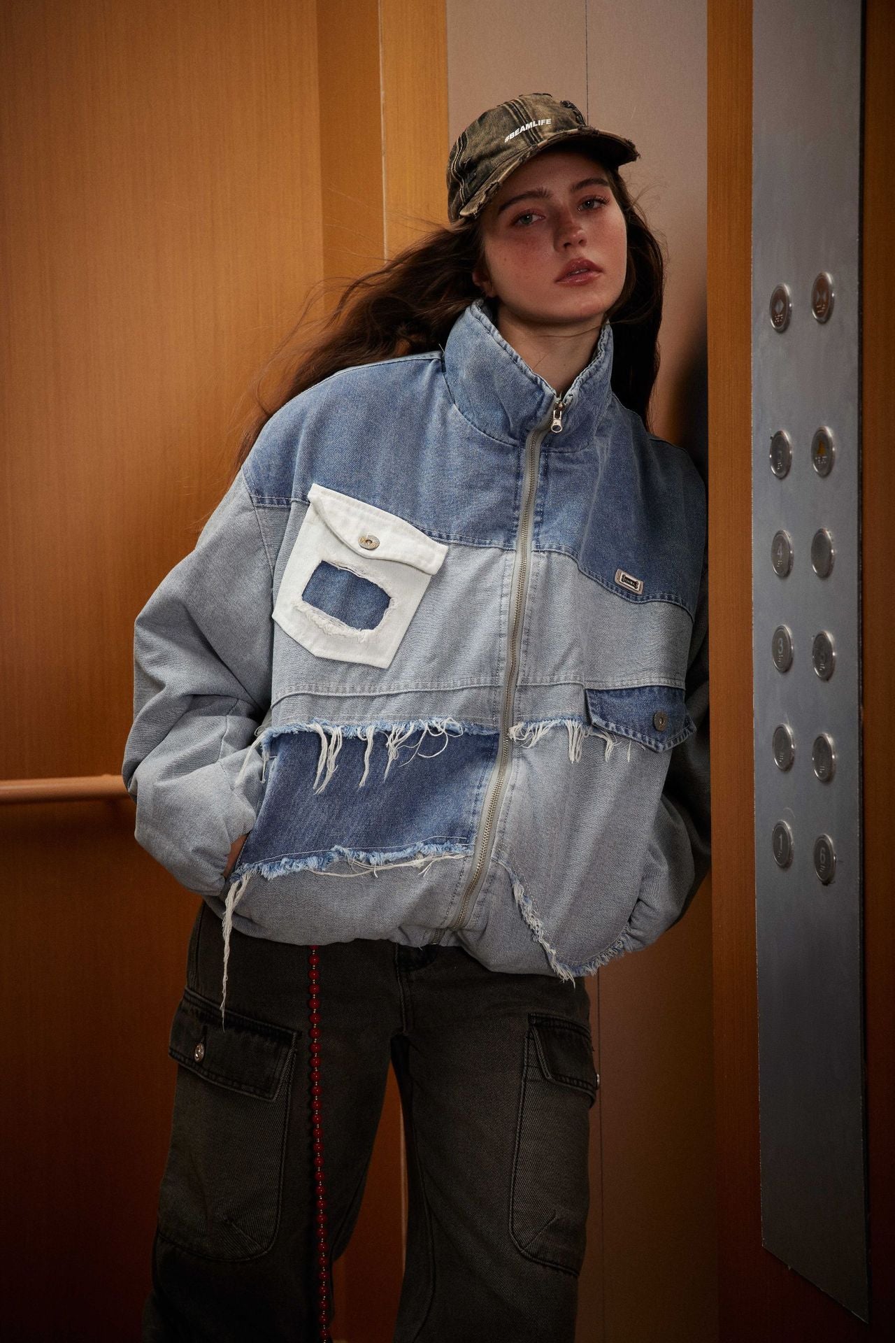 Veste en jean délavé à effet patchwork tendance