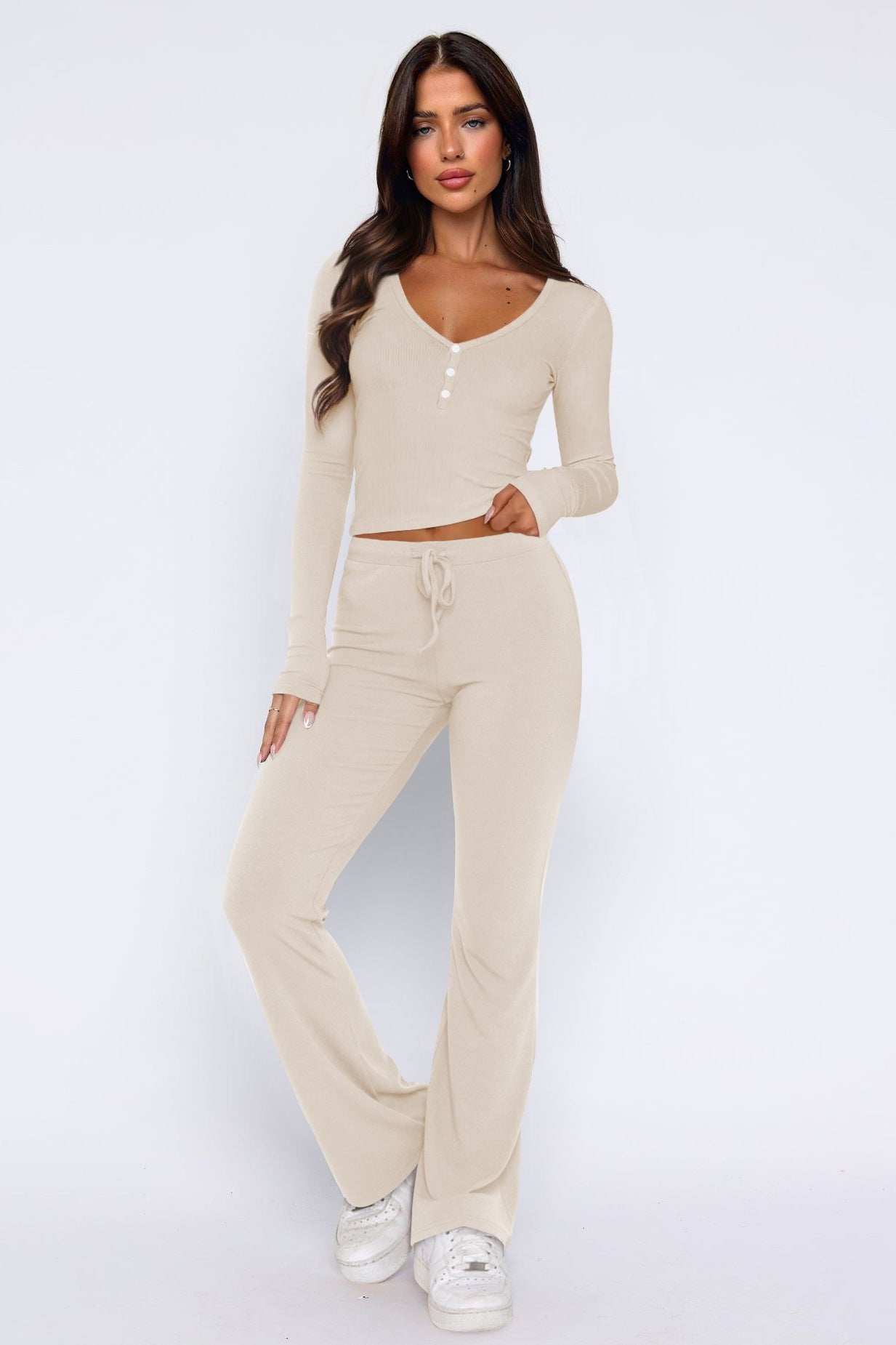 Casual Solid Long Sleeve Top and Flared Pants Set