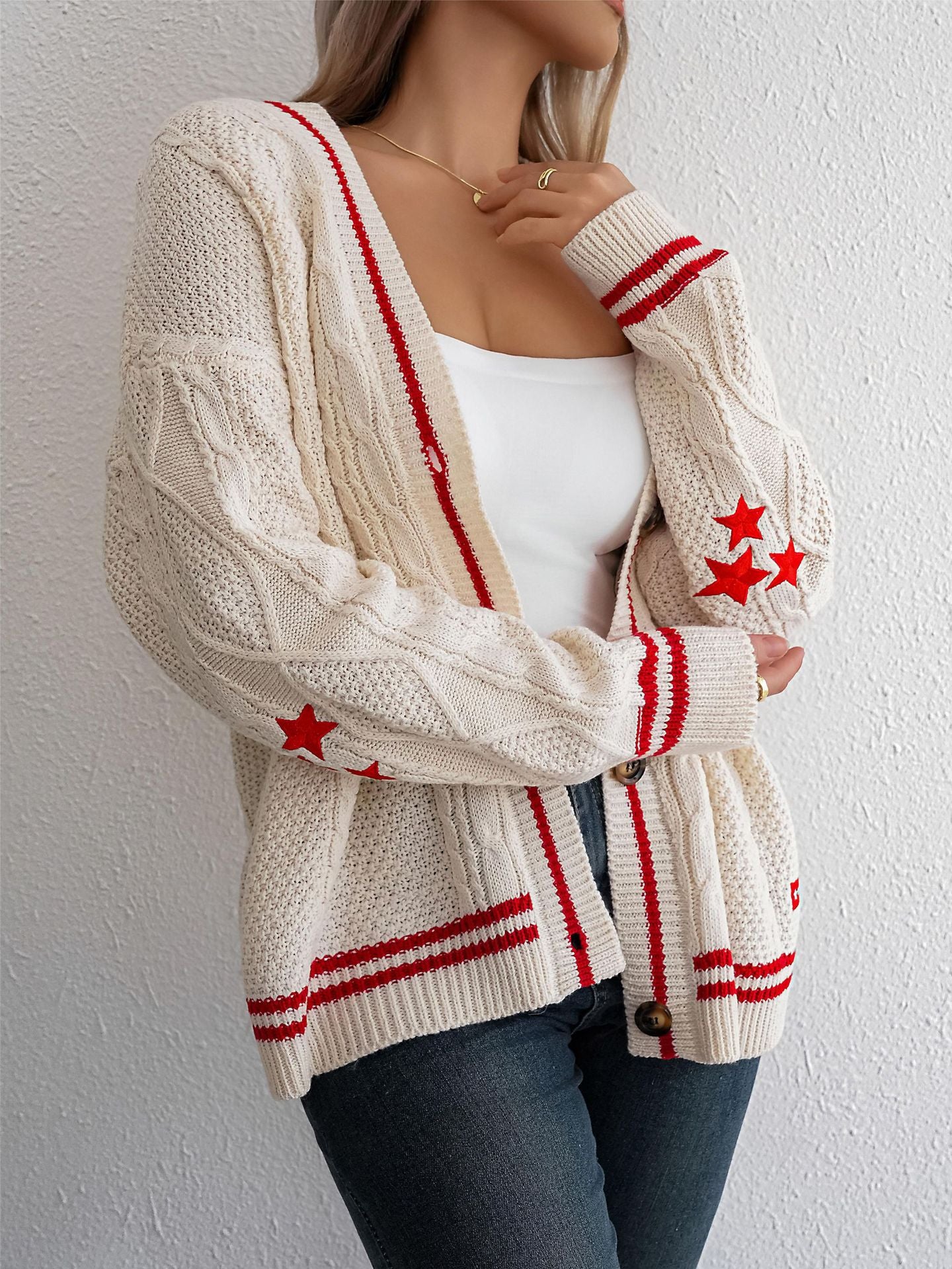 Damen Strickjacke Zopfstrick - Cardigan mit Knöpfen und Kontraststreifen