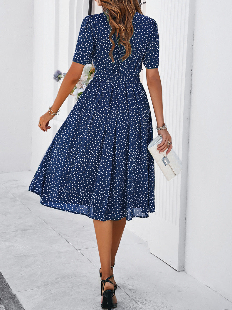 Polka Dot Chiffon Classy Blue Short Sleeve Midi Dress