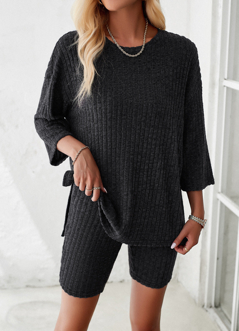 Deep Grey Long Sleeve Knitted Shirt and Shorts Set