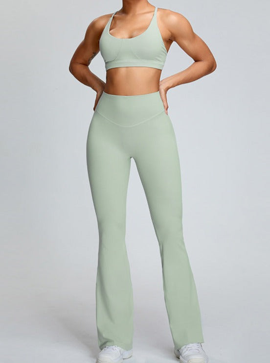 Pantalon de yoga taille haute vert micro-large avec contrôle du ventre 