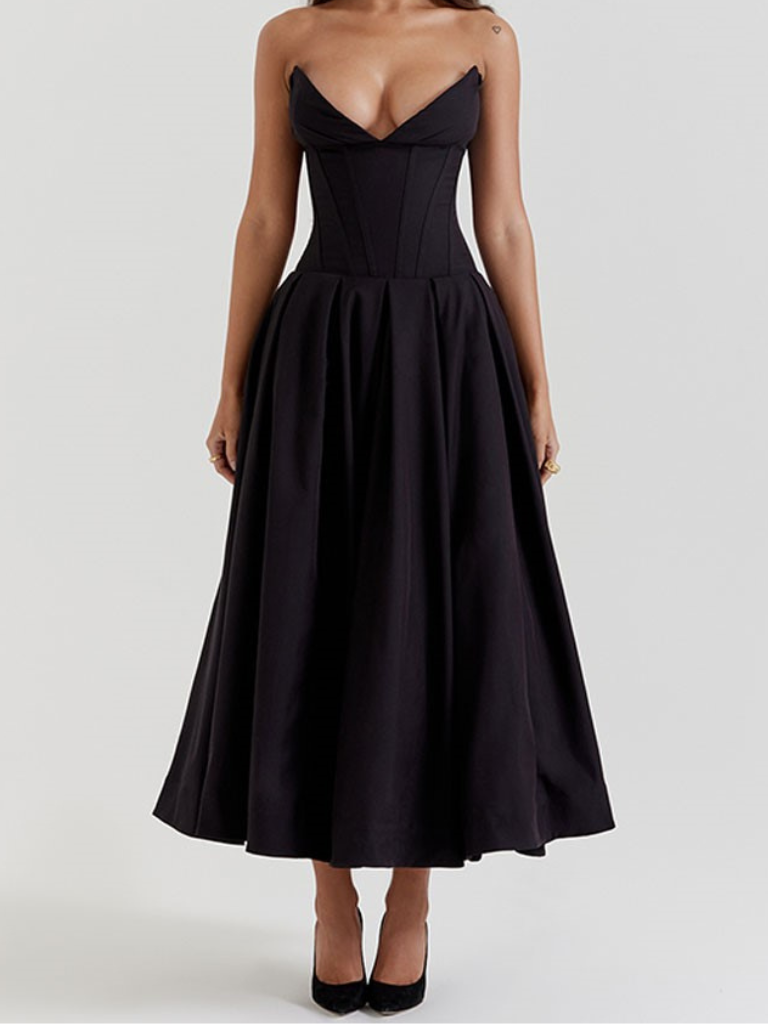 Robe trapèze noire unie à col en V