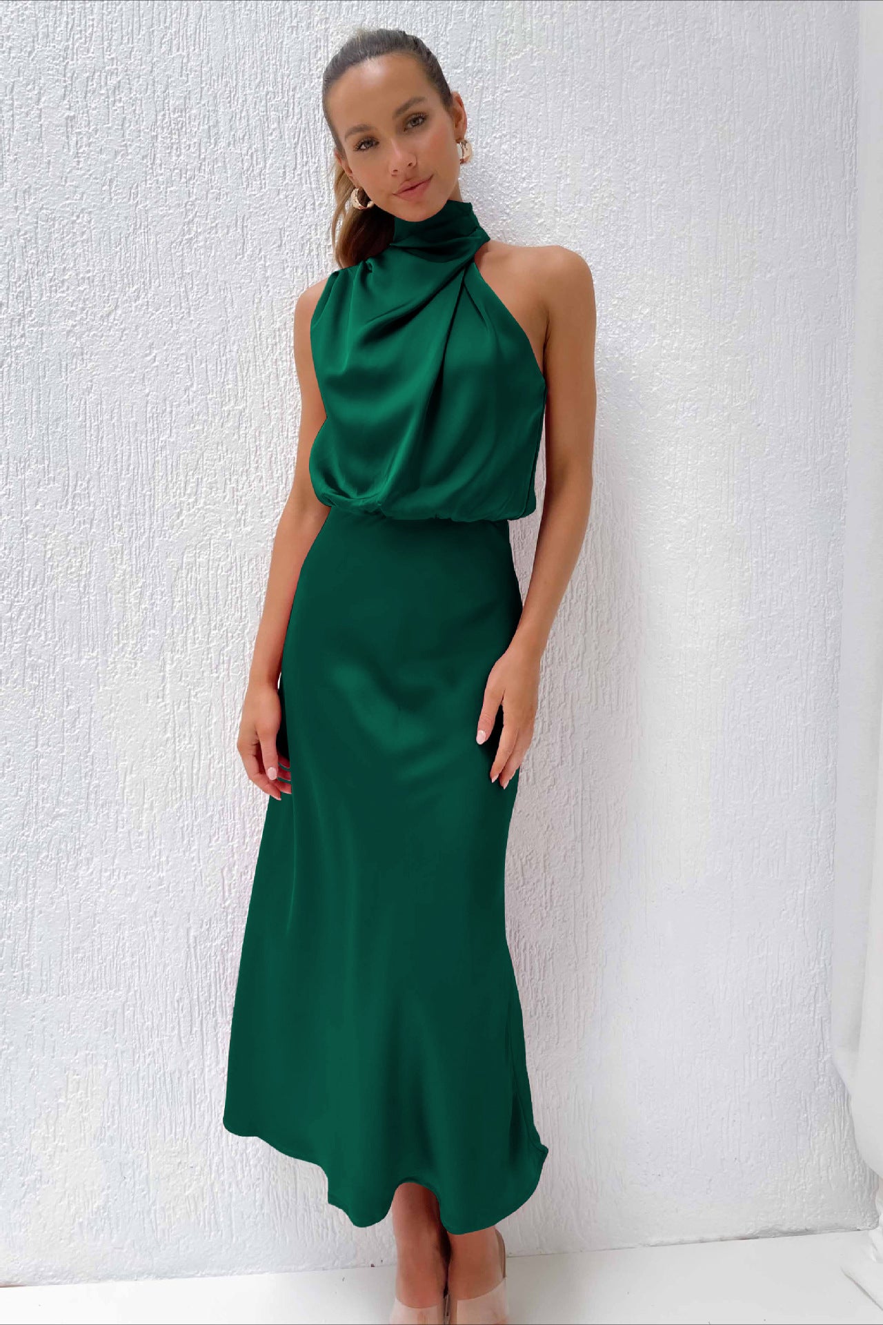 Elegant Deep Green Halter Neck Dress