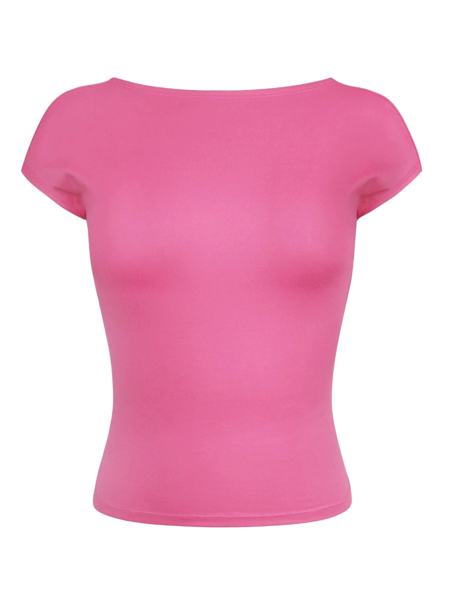 Chemise rose sexy dos nu slim respirante à manches courtes 